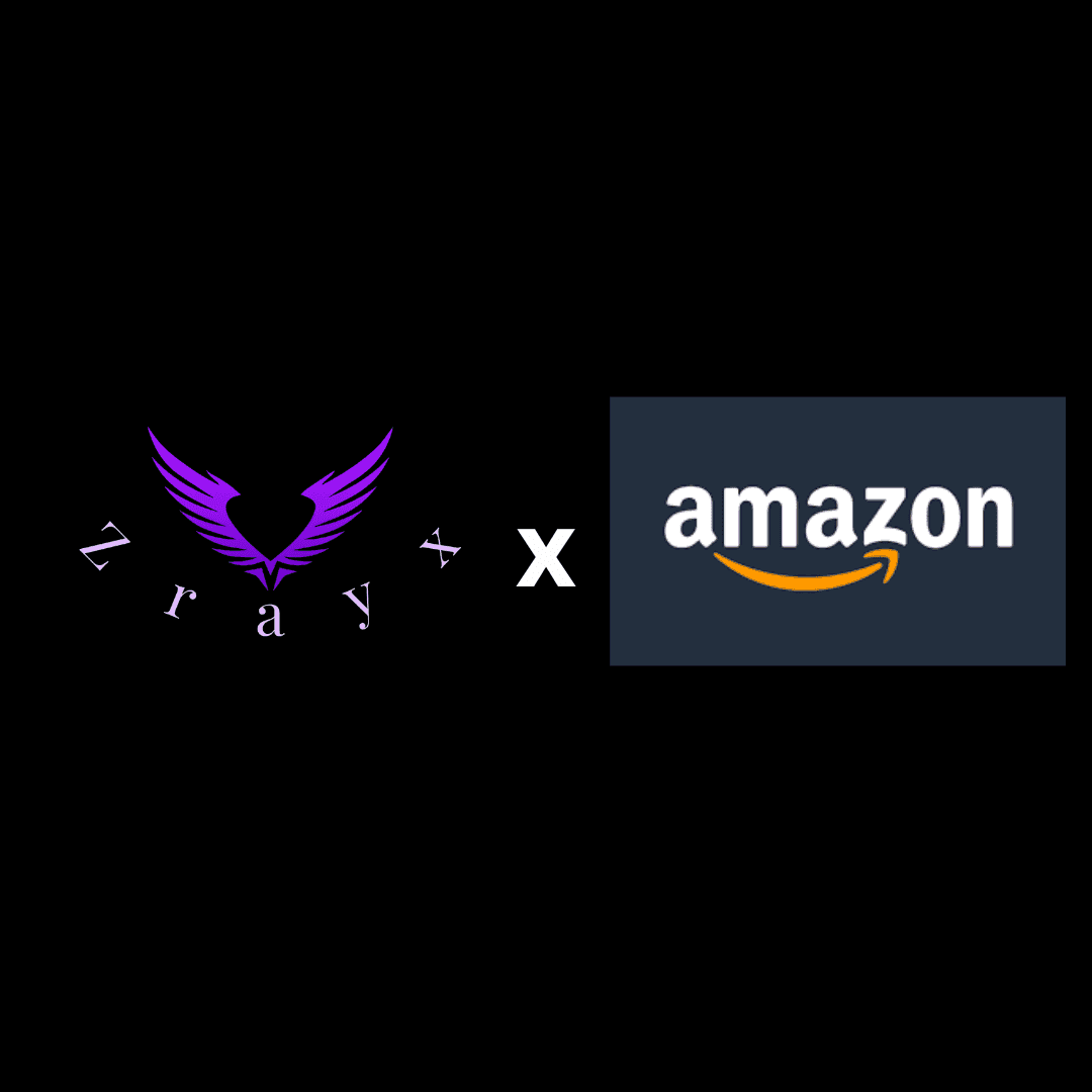 Zray logo with purple wings next to Amazon logo on a black background.